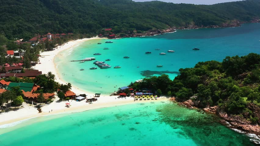 High view of Long beach on a sunny day on Redang Island. A tropical paradise beach on the island. Malaysia