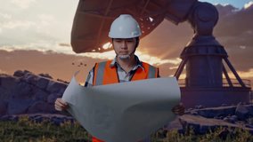 Asian Male Engineer With Safety Helmet Looking At Blueprint In His Hands And Looking Around While Standing With Large Satellite Dish - Powered by Shutterstock - Get 15% off with code: PIKWIZARD15