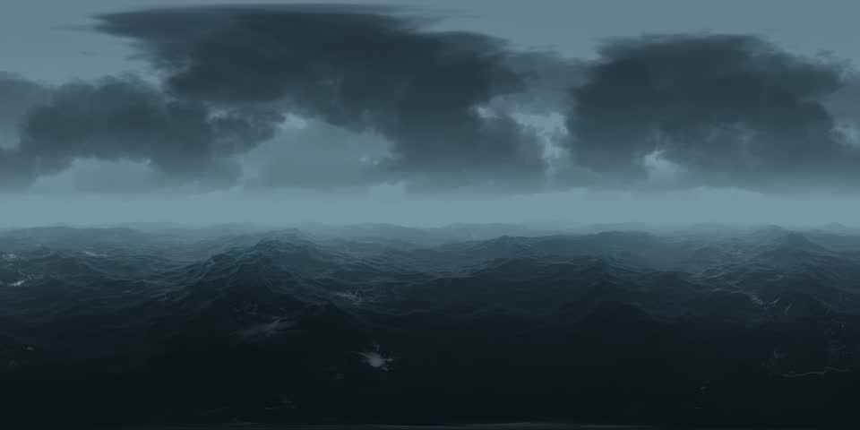 360° looping animation of a powerful ocean storm with massive waves, dark clouds, and dramatic atmosphere, ideal for VR and panoramic video projects. 3D animation