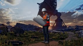 Full Body Side View Of Asian Male Engineer With Safety Helmet Looking At Blueprint In His Hands And Looking Around While Standing With Large Satellite Dish - Powered by Shutterstock - Get 15% off with code: PIKWIZARD15