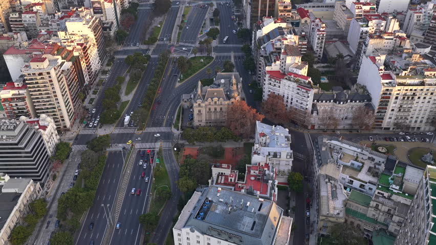 Aerial view of Avenida 9 de Julio and French Embassy area in Buenos Aires, Argentina, showing urban traffic, buildings, and city layout.