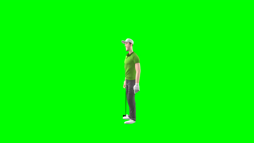 3D golf player hitting ball from side view on green screen background. Professional golfer swing animation for sports ads, presentations, motion graphics, and commercial video projects.
