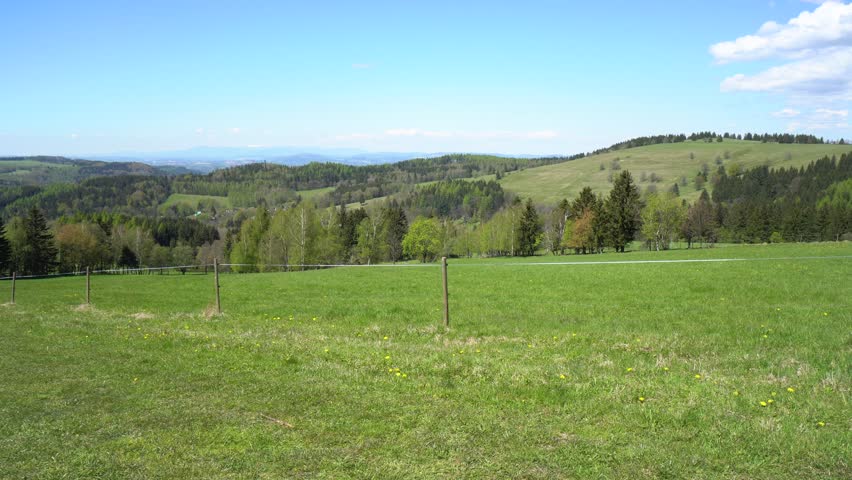 An electric rope fence stretched across a green meadow in a vast valley on a sunny day