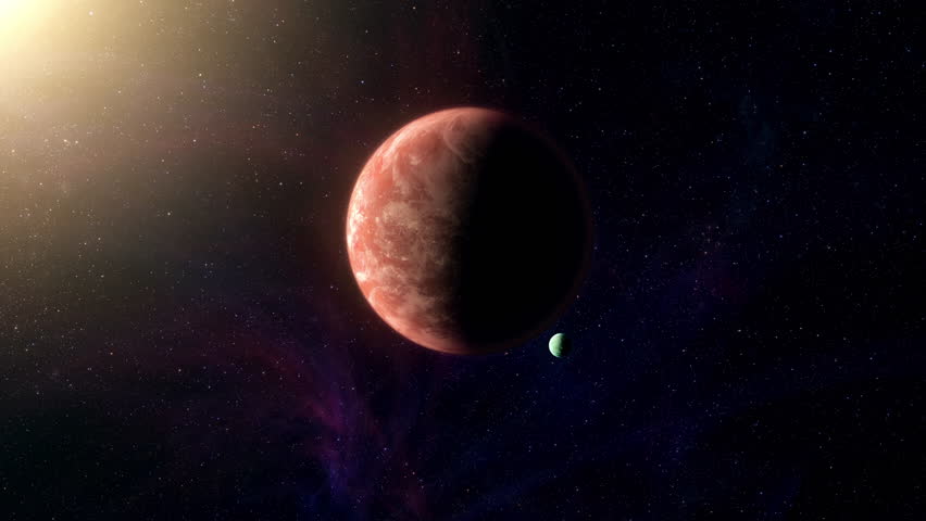 Cinematic motion render of sci fi space alien planet and moon near a glowing star, detailed exoplanet surface, deep space background, dramatic lighting, futuristic and mysterious mood