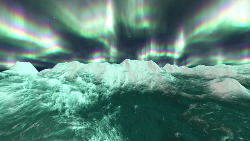 "Stunning digital animation of colorful aurora borealis glowing over a frozen icy mountain landscape under a starry night sky."