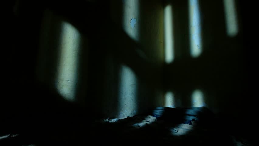 A shadow of an old jail cell door, casting on the wall of a small prison cell while opening, with a bit of a rug on the floor. a 4K video clip.