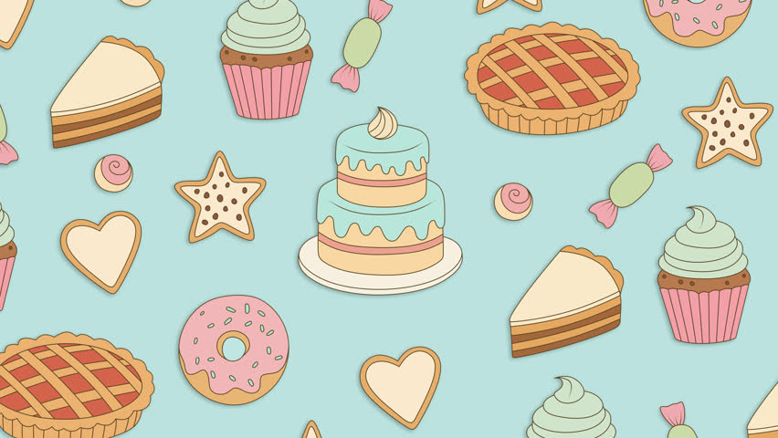 Animated background with drawn sweets and pastries. Drawn cakes, donuts, cupcakes, and cookies. Suitable for videos about sweets, cafes, and pastries.