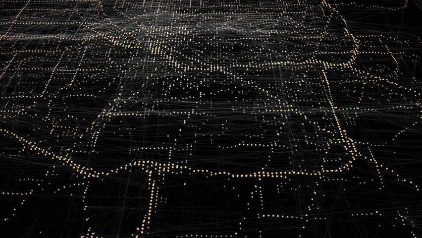 Rotating digitised map with glowing New York city white lights in urban tech overlay