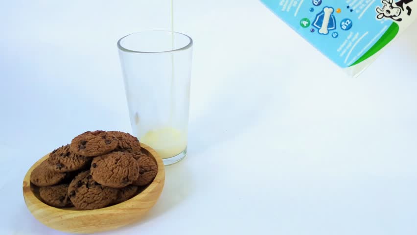 Fresh milk streams from an unseen container into a clear drinking glass positioned next to a natural wooden bowl overflowing with freshly baked, rich chocolate chip cookies all set against a clean bright white background creating a simple appealing scene perfect for illustrating a comforting and classic sweet indulgence ready to be enjoyed as a delightful snack or after meal treat.
