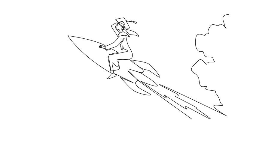 Self drawing animation of single line drawing of a graduate woman in cap and gown riding a rocket through clouds, symbolizing National Higher Education Day with an inspiring. Full length animated