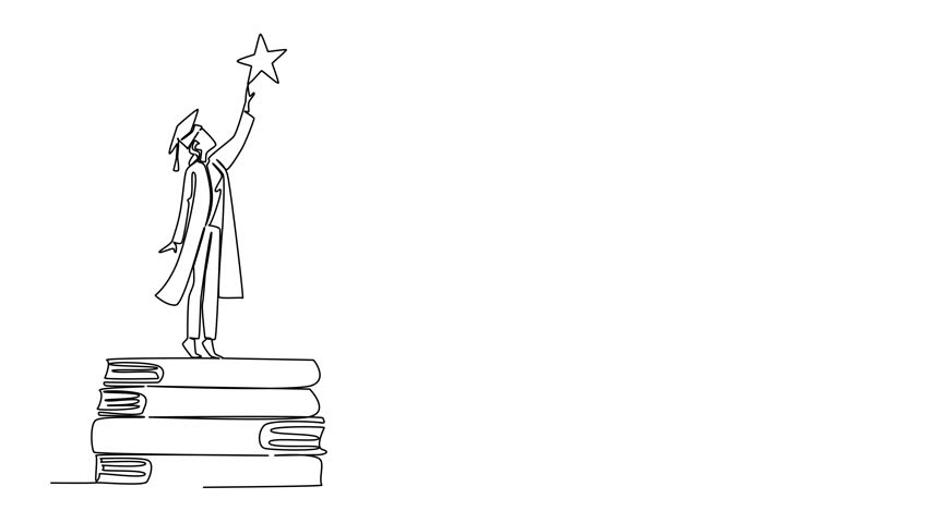 Animated self drawing of an inspiring one line drawing of a graduate woman in cap and gown standing on stacked books and reaching for a star for National Higher Education Day. Full length animation