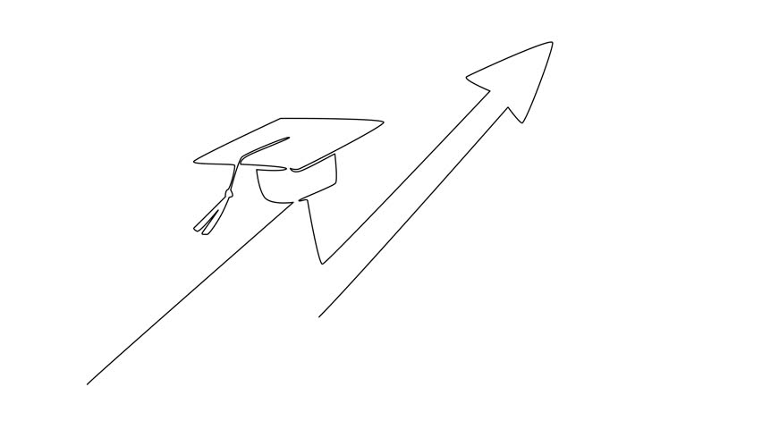 Self drawing animation of a minimal single line drawing of a graduation cap riding on an upward arrow, symbolizing growth, progress for National Higher Education Day. Full length animated