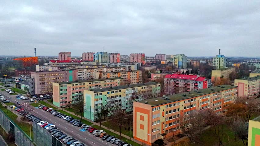 Aerial panorama of residential housing estates in Kalisz with smooth hyperlapse drone flight over apartment blocks