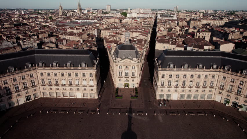 Place de la Bourse, Bordeaux, France. Panoramic dron shot with movement. Square surrounded by buildings.