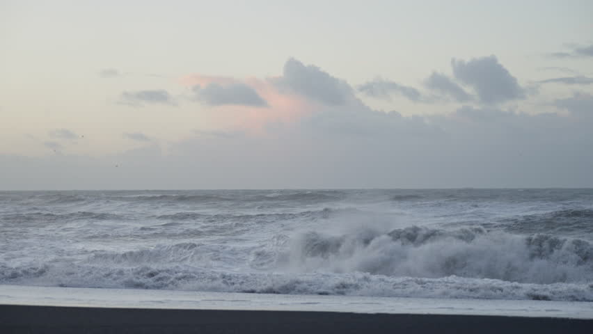 Dramatic ocean waves with white foam churn vigorously at a remote black sand beach, showcasing stormy weather conditions.