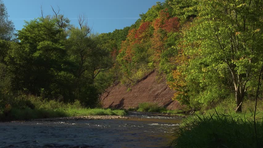 A serene riverside scene with a sloped, earthy bank, vibrant autumn trees, and a gentle current. Bright sky, lush grasses, and calm atmosphere invite outdoor exploration and relaxation.