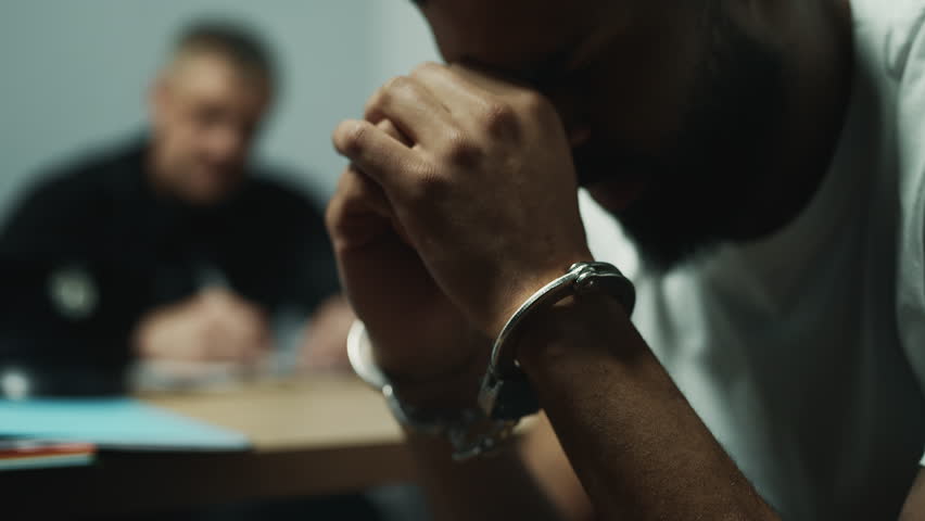 Close-up of arrested man giving statement to police officer during interrogation