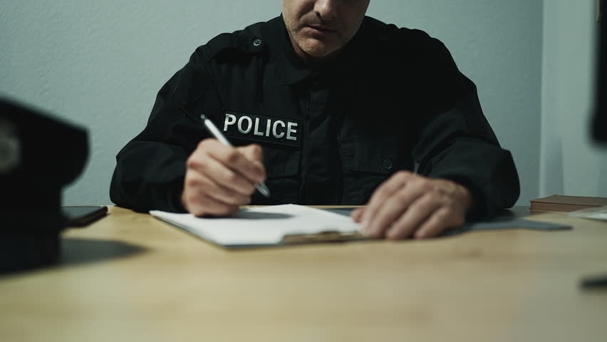Serious police officer in uniform filling out case report at police station desk