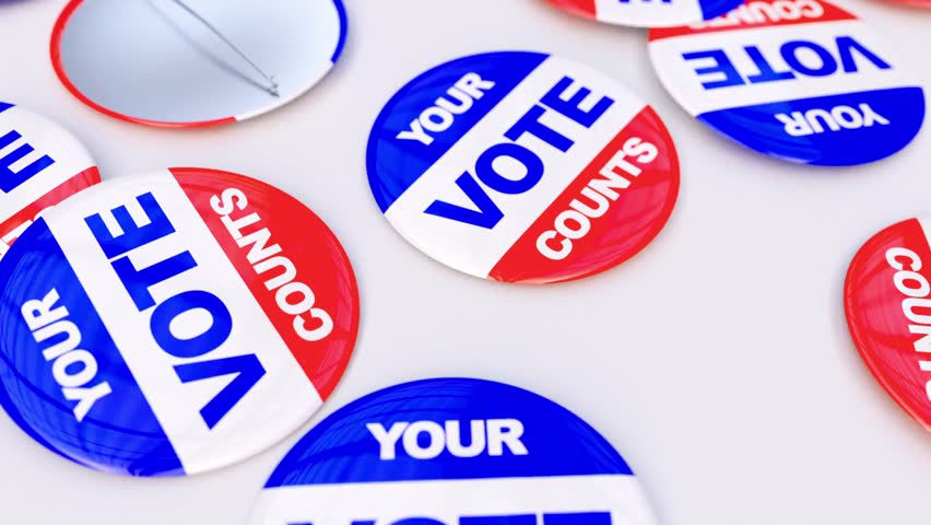 “Your Vote Counts” pins or badges, symbolizing civic engagement, voting awareness, democracy, and encouraging participation in elections with vibrant design.