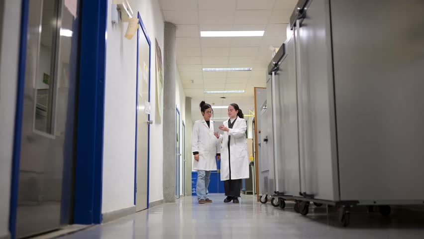 Two female scientists walking down a laboratory hallway


