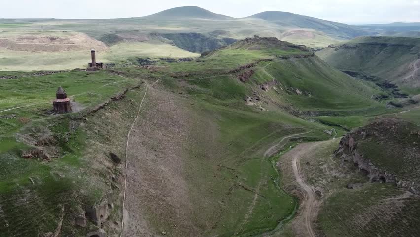 Aerial view of Ruins of the ancient capital of Armenian Kingdom, Ani, in Kars, Turkey.