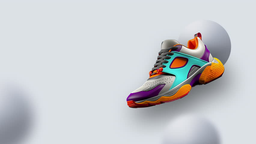 Simple and eye-catching animation perfect for advertising stylish multicolored sneakers. The shoes float in the air against a neutral background with abstract spheres, highlighting vibrant colors (teal, orange, purple) and modern chunky design. Ideal for social media promo.