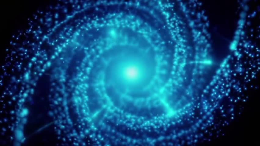 Cinematic blue spiral galaxy animation with glowing particle effects on a black background. This abstract cosmic vortex represents time travel, deep space exploration, and futuristic data visualization, perfect for science fiction projects and high-tech motion graphics.