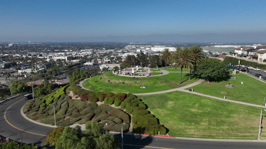 Signal Hill, Long Beach, California, USA - Aerial View of Hilltop Park With Tourists