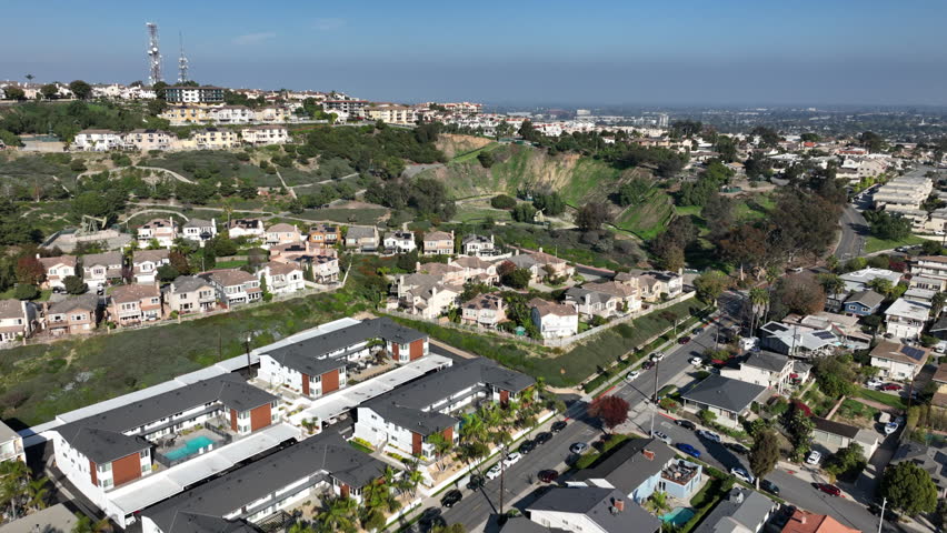 Signal Hill, Long Beach, California, USA - Aerial View of Houses on a Hill on a Sunny Day