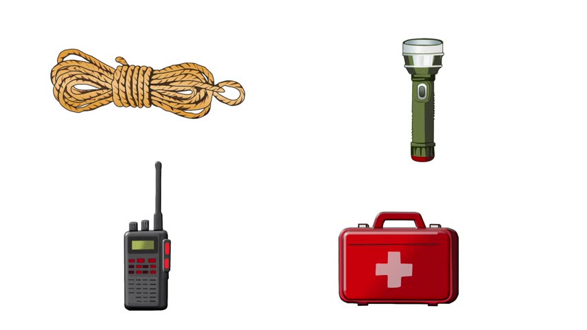 2D Animated outdoor survival tools collection for safety and adventure theme. Ideal for training videos, emergency guides, outdoor promos, and exploration content.