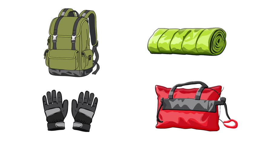 2D Animated outdoor camping gear collection for survival adventure theme. Perfect for travel videos, hiking promos, safety content, and outdoor lifestyle visuals.