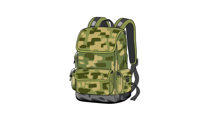 2D Animated tactical backpack for outdoor survival and adventure theme. Perfect for training videos, camping promos, travel content, and safety visuals.