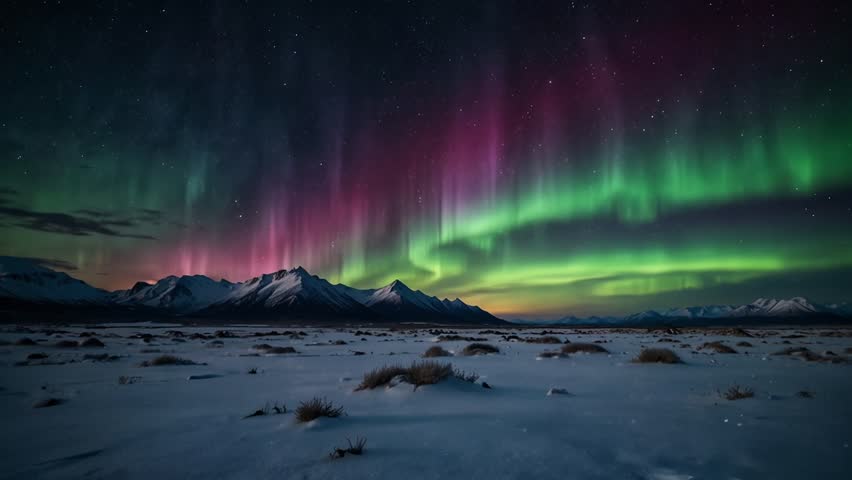Spectacular display of the Aurora Borealis (Northern Lights) above a vast, snow-covered mountain landscape. Dramatic curtains of vibrant neon green and deep magenta light dance across the starry, dark night sky, symbolizing natural beauty, cold climate travel, and cosmic phenomena.