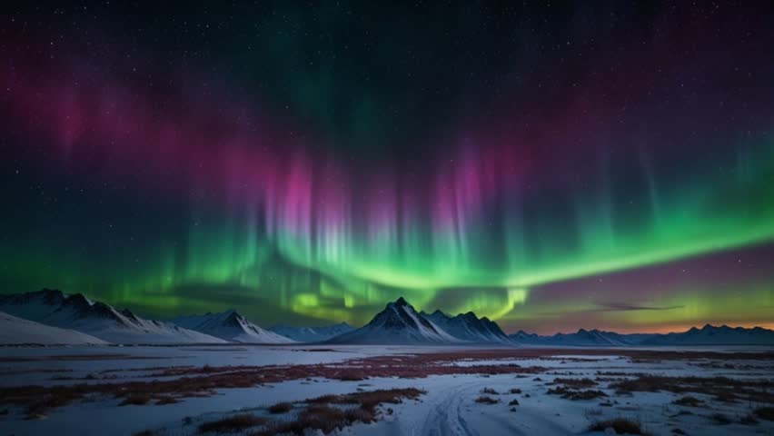 Spectacular display of the Aurora Borealis (Northern Lights) above a vast, snow-covered mountain landscape. Dramatic curtains of vibrant neon green and deep magenta light dance across the starry, dark night sky, symbolizing natural beauty, cold climate travel, and cosmic phenomena.