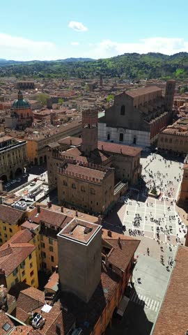 Aerial view of the historic Piazza Maggiore in Bologna, Italy main square