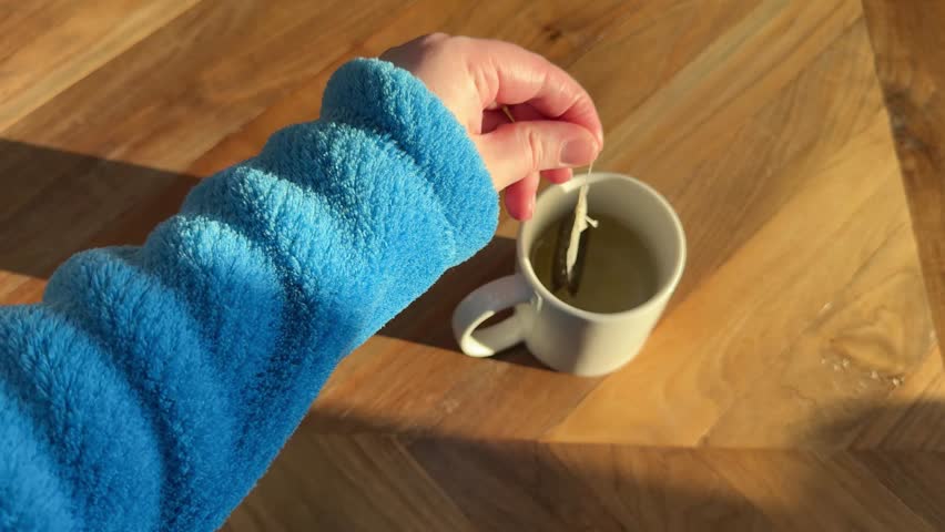 Hand gently dips a tea bag into hot water inside a mug. Calm repetitive motion in natural sunlight, creating a soothing tea brewing moment.