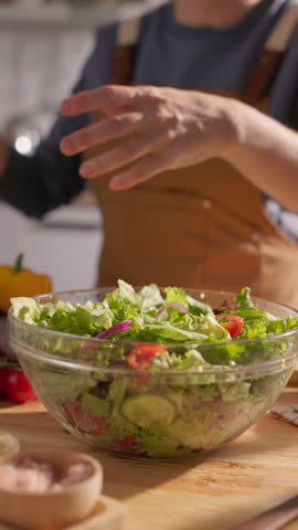 Fresh Organic Vegetable Salad Preparation Female Hands Ripping Green Lettuce Leaves Slow Motion Vertical Clip Healthy Vegan Lifestyle Clean Eating Concept