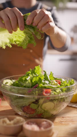 Fresh Organic Vegetable Salad Preparation Female Hands Ripping Green Lettuce Leaves Slow Motion Vertical Clip Healthy Vegan Lifestyle Clean Eating Concept
