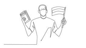 Animated self drawing of single line drawing of a young boy holding a book and the Russian flag. Support for children’s language learning during Russian Language Day. Full length single line animation - Powered by Shutterstock - Get 15% off with code: PIKWIZARD15