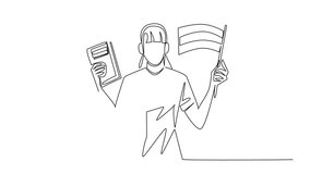 Animation of one line draw of a young girl holding a book and Russian flag, promoting language learning and celebrating children’s education for Russian Language Day. Full length motion - Powered by Shutterstock - Get 15% off with code: PIKWIZARD15