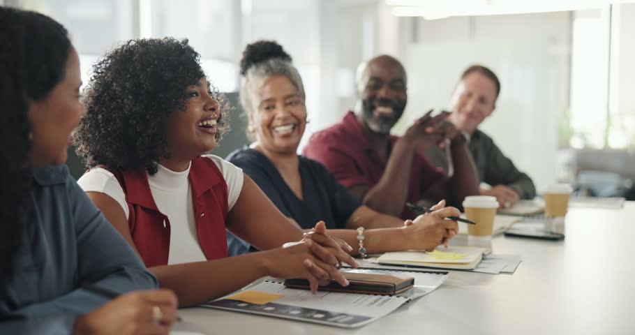 Human resources, meeting or team laughing in boardroom, corporate training or cv screening workshop. Interview skills, funny joke or people with attention for talent sourcing seminar, learn or listen