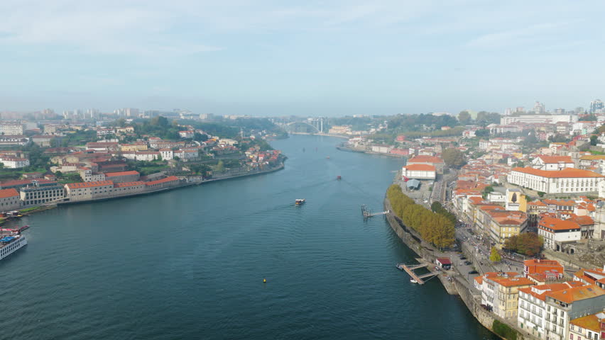 Aerial View Of The Ribeira District In Porto, Portugal Along The Douro River.