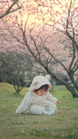 Cute asian baby girl in warm bear suit sitting under cherry blossoms or sakura blossoms in Japan Spring Garden, Spring fun for family with kids outdoors in a beautiful spring garden