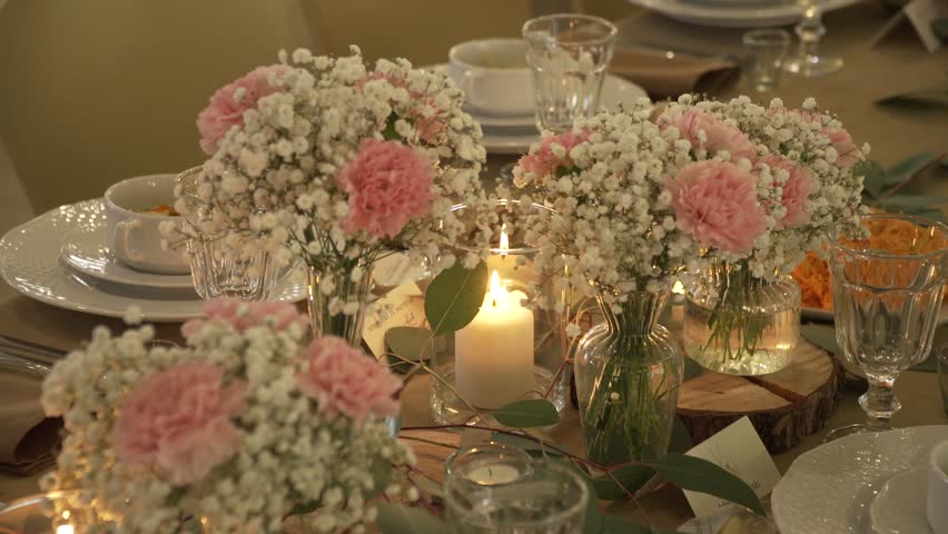 Elegant Wedding Candle Surrounded by Pink Roses – Boho Decor