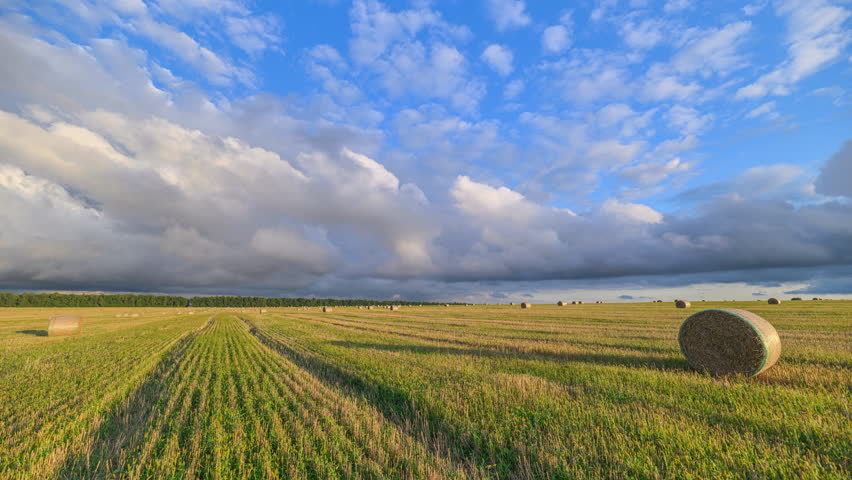 A breathtaking scenic landscape showcasing beautiful bales of hay under a brilliant blue sky