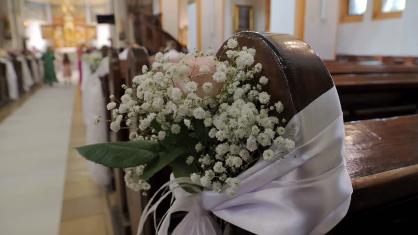 Wedding Pew Decoration with Ribbon, Baby’s Breath and Pink Rose