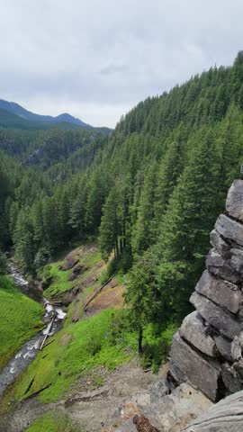 Vertical 4K footage of Salt Creek Falls waterfall near Diamond Peak in Oregon, USA with flowing water surrounded by lush forest and rocky landscape, great hiking, touristic, travel destination 