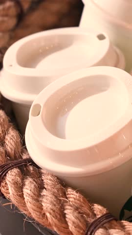 Stack of white plastic coffee cups with white lids in basket reusable cups