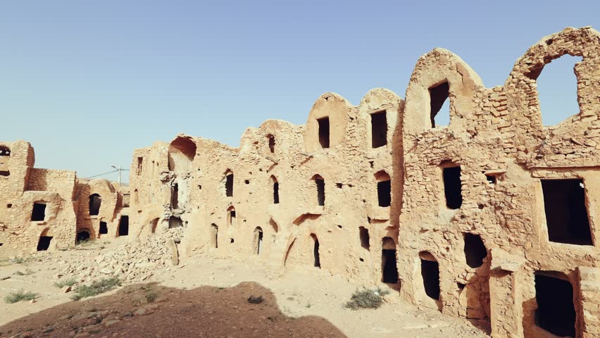 Ruined ghorfas in Fortified Ksar Mgabla Berber settlement, Tataouine, southeast Tunisia