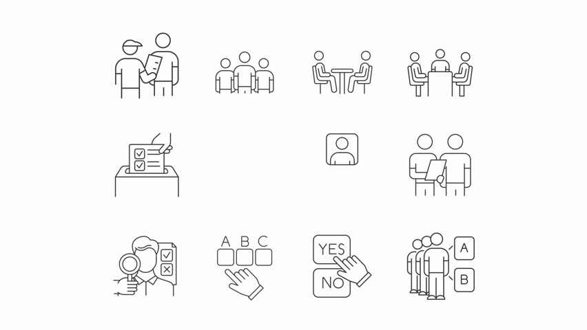 Customer feedback line animation set. Product development animated icons. Consumer experience. Decision making, marketing survey. Outline elements on white background. HD video with alpha channel